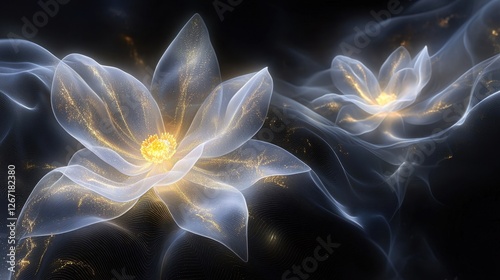 A dreamlike abstract floral landscape with ethereal golden accents and softly illuminated petals against deep darkness photo