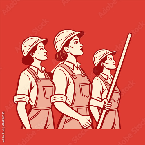 A heroic representation of laborers standing together for justice on a red solid background flat vector illustration
