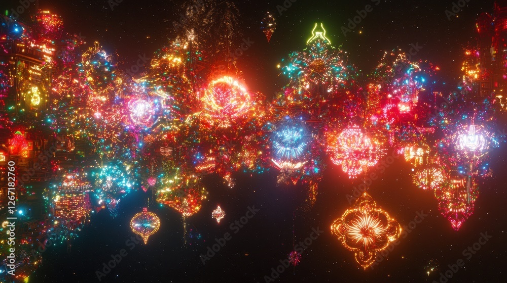 A futuristic intergalactic city floating in space, glowing with neon lights. A futuristic intergalactic city floating in space, glowing with neon lights.
