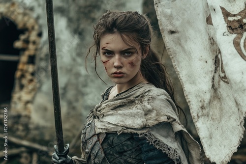 Medieval warrior maiden in a torn dress, standing defiantly with a battle flag