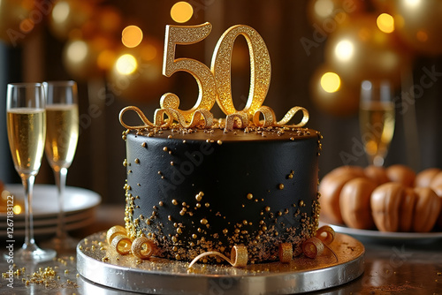 Wallpaper Mural A stylish and sophisticated birthday cake for a 50th birthday, set on a reflective silver cake stand. The cake is covered in black fondant with gold accents, including a shimmering number "50" topper. Torontodigital.ca