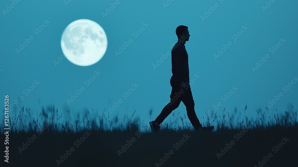 A silhouette of a person walking at night against a backdrop of a large, glowing moon and a serene blue sky.
