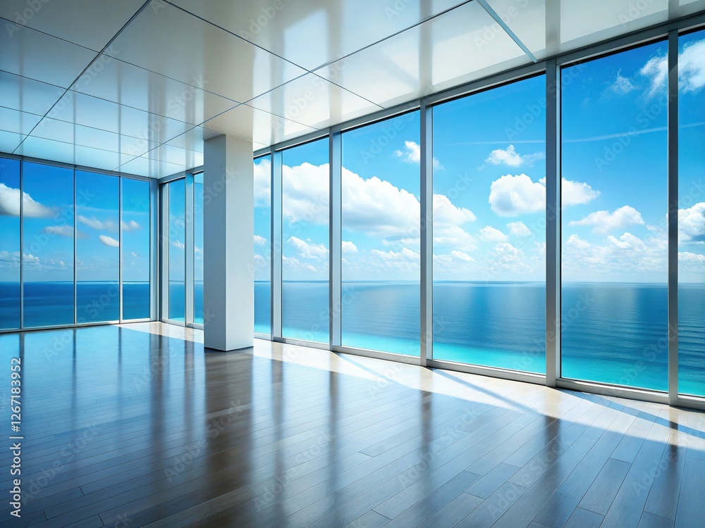 Fototapeta premium Minimalist Modern Ocean View Living Room Interior Design - Empty Space for Text