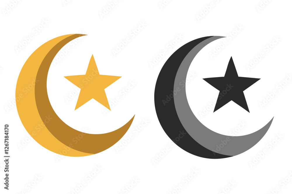 Crescent moon with stars icon on white background. Night symbol for your web site design, logo. Flat design. filled black, color, Set Crescent moon icon. Minimalist style.