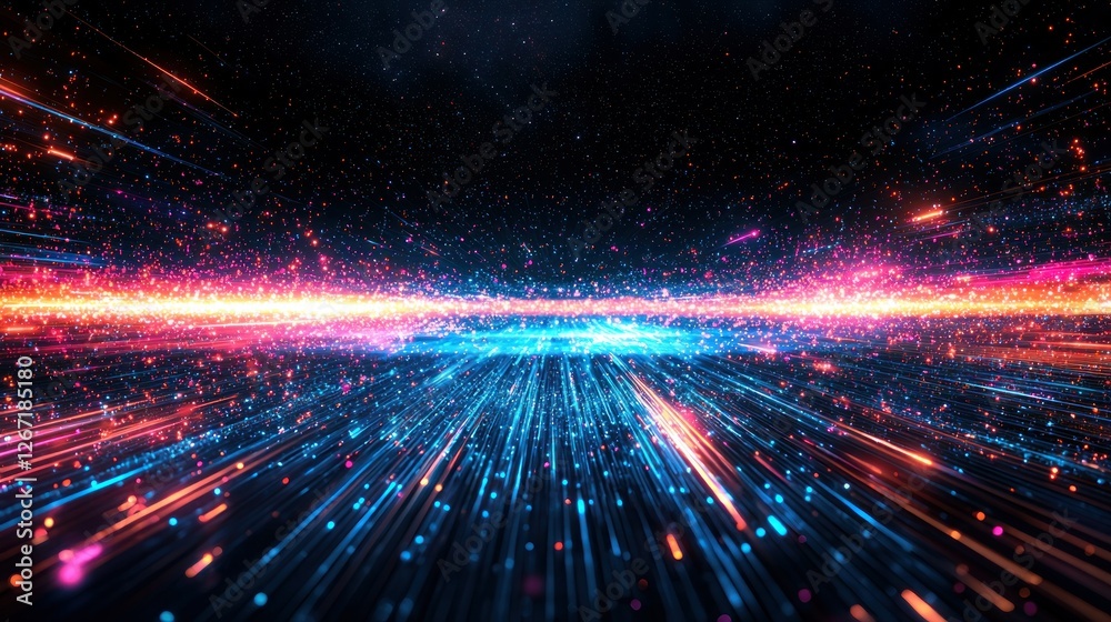 Obraz premium Colorful streaks of light speed through dark space, ideal for digital art projects