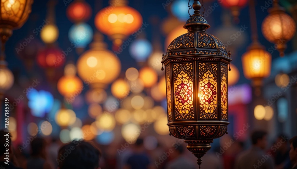 Fototapeta premium Arabic lantern set against a festive Ramadan celebration backdrop.