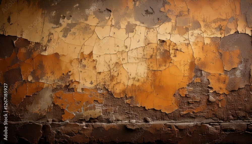 Fototapeta premium A grungy urban wall texture with soot marks, peeling paint, and layered dirt patterns.
