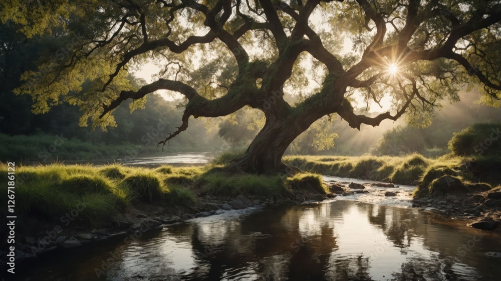 A serene riverside scene featuring a majestic tree illuminated by sunlight. A serene riverside scene featuring a majestic tree illuminated by sunlight.