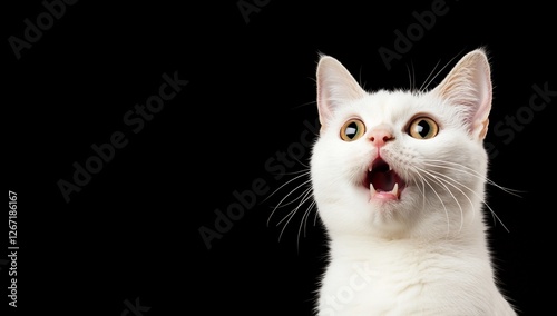 A surprised white cat with wide eyes against a black background