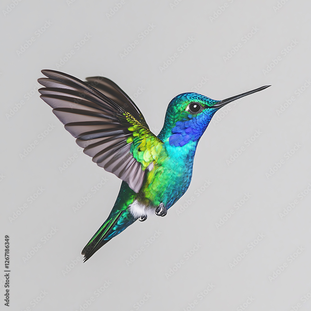 Fototapeta premium Vibrant hummingbird in mid-flight, displaying iridescent blue and green plumage against a neutral background.