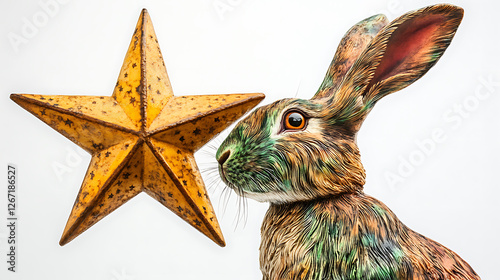 Detailed brown hare sculpture poses beside a weathered golden star against a bright white background.