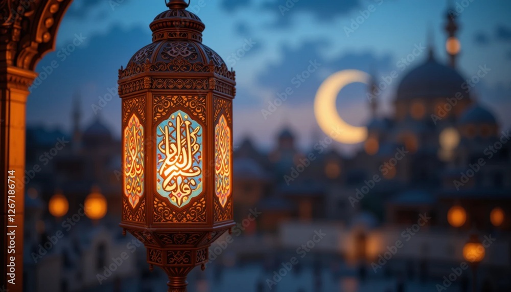 Arabic lantern set against a festive Ramadan celebration backdrop.