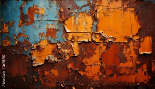 A heavily rusted wall with paint chipping away to expose large areas of oxidized metal background photo