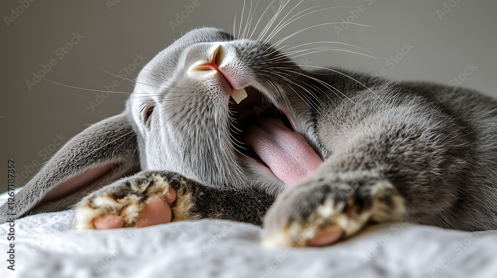 A gray rabbit yawns widely, exposing its tongue and teeth while resting on a soft, white surface. A gray rabbit yawns widely, exposing its tongue and teeth while resting on a soft, white surface.