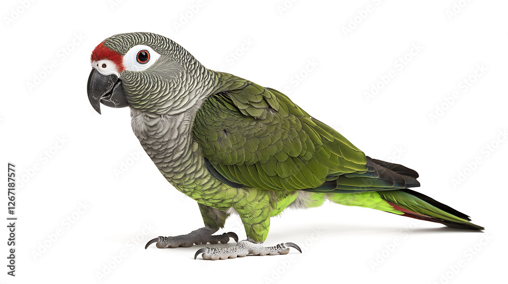 Fototapeta premium Green parrot with grey head and red patch, standing alert against a plain white background.
