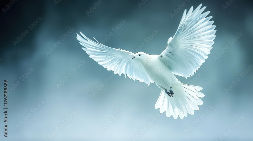 Obraz premium Graceful white dove soaring in flight against blurred background