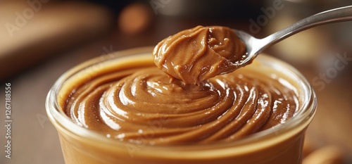 Creamy almond butter in a jar, spoon close-up, kitchen background, food photography