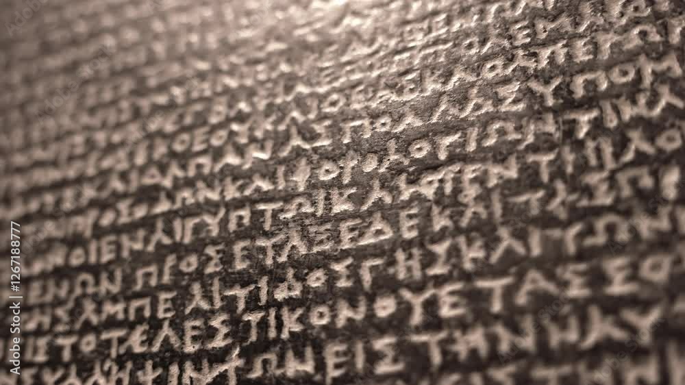 The Rosetta Stone, ancient stele inscribed with three scripts, key to deciphering Egyptian hieroglyphs. Macro close-up footage. Exhibit in museum.