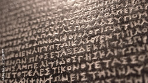 The Rosetta Stone, ancient stele inscribed with three scripts, key to deciphering Egyptian hieroglyphs. Macro close-up footage. Exhibit in museum.