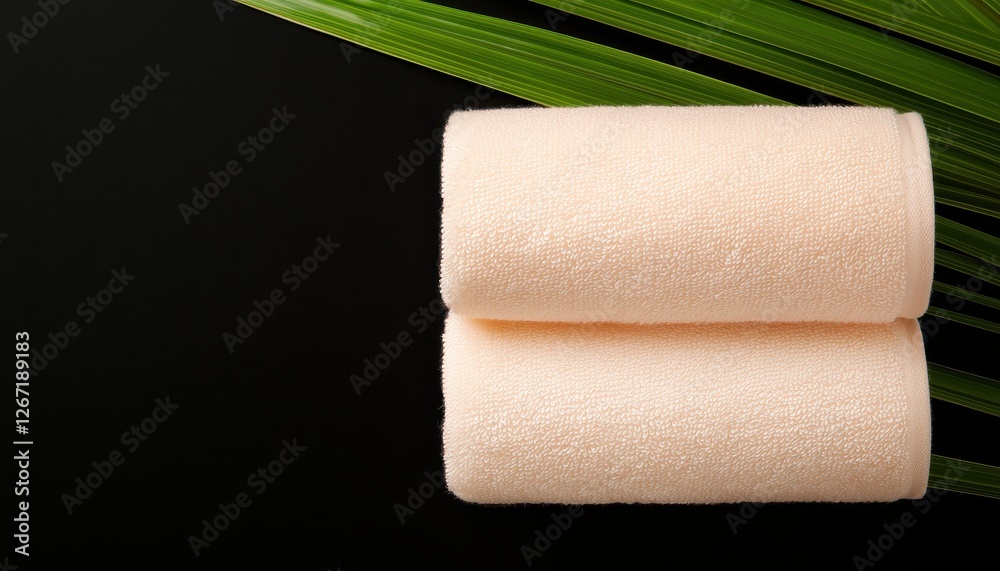 Soft towels elegantly arranged on a dark surface with green leaves, perfect for spa or home relaxation imagery. Soft towels elegantly arranged on a dark surface with green leaves, perfect for spa or home relaxation imagery.