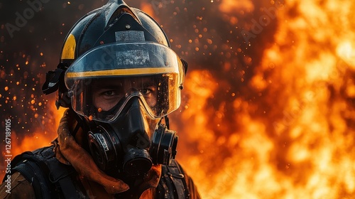 Brave Firefighter in Full Protective Gear Battling Intense Flames with Determination and Focus During a Challenging Fire Incident