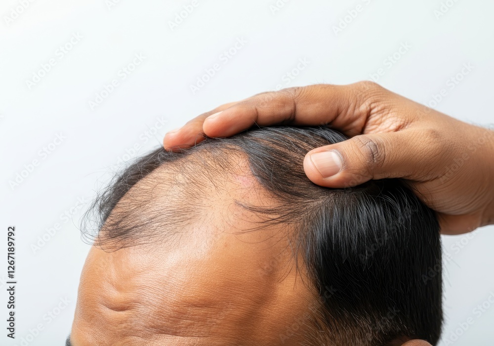 Fototapeta premium Worried south asian male examining receding hairline and signs of balding, touching scalp with concerned expression against white backdrop