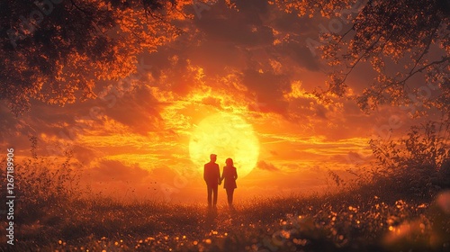 A romantic couple silhouetted under a glowing, breathtaking sunset. 