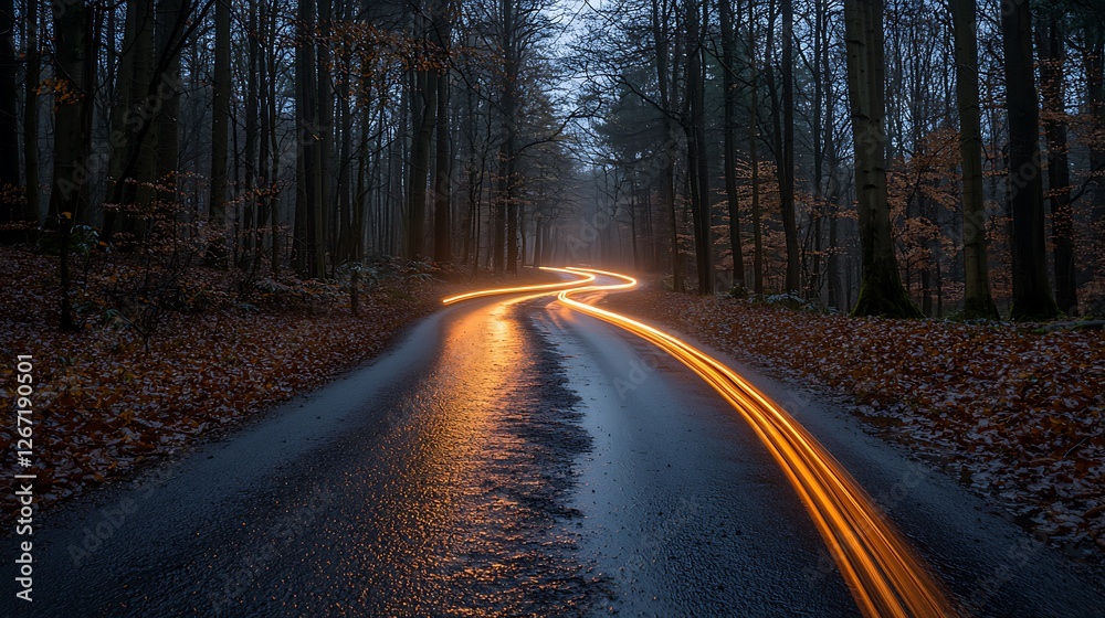Winding forest road, light trails, autumn leaves, dusk, travel Winding forest road, light trails, autumn leaves, dusk, travel