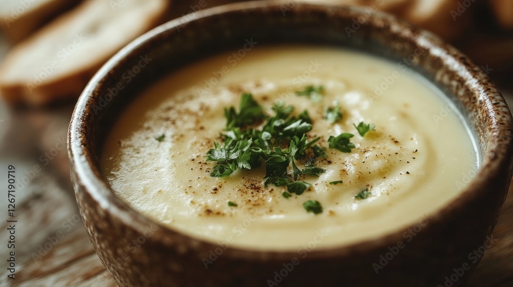 Creamy potato soup, rustic bowl, bread, wooden table, close-up, food blog Creamy potato soup, rustic bowl, bread, wooden table, close-up, food blog