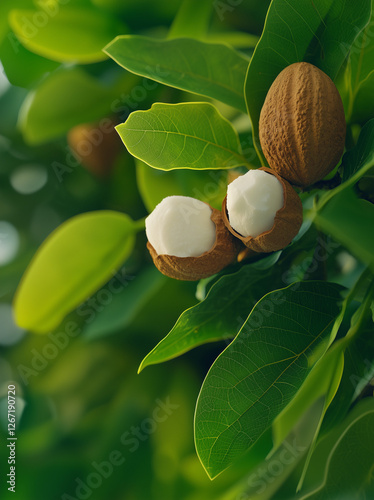 Close-up of shea nuts growing on the branches of a shea tree, with one or two nuts split open to reveal their creamy, textured interiors.