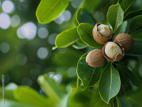 Close-up of shea nuts growing on the branches of a shea tree, with one or two nuts split open to reveal their creamy, textured interiors.