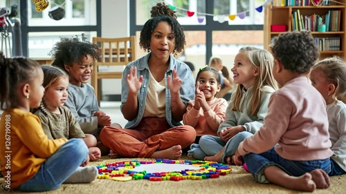 Morning circle time. Black teacher and engaging children in collaborative learning activities at a kindergarten, daycare or community center during a sunny afternoon