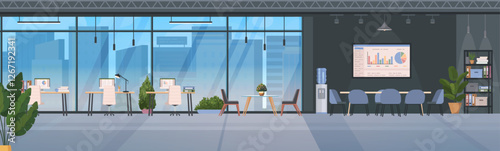 Open-plan office space with creative interior, furniture, panoramic window, meeting room, water cooler, potted plants, modern equipment and computers. A spacious environment for work. Not AI generated