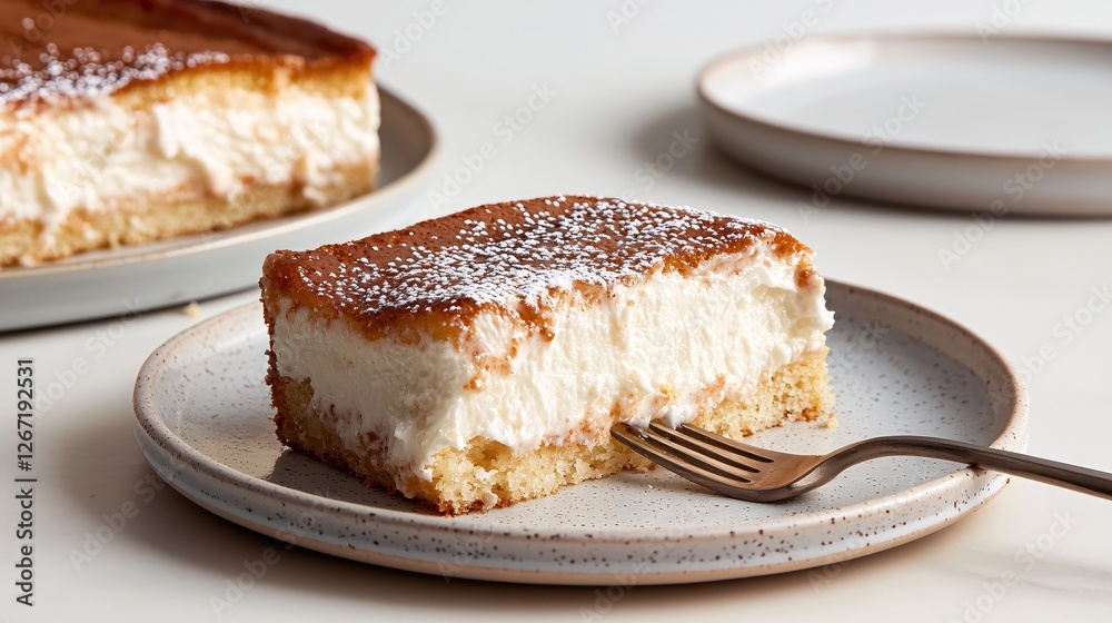Delicious slice of cake on a plate with a fork and powdered sugar topping dessert food Delicious slice of cake on a plate with a fork and powdered sugar topping dessert food