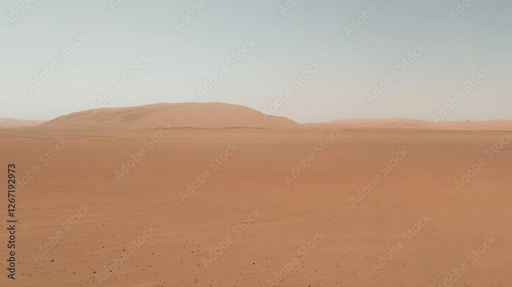 Desert Landscape:Vast expanse of ochre sand dunes stretching to the horizon under a pale sky, evoking a sense of serenity and solitude.