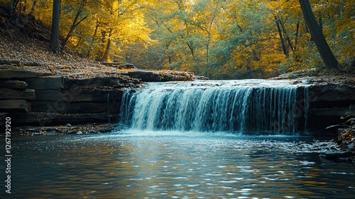 A serene and picturesque forest waterfall flowing gently into a calm pool, creating a peaceful retreat in nature. 