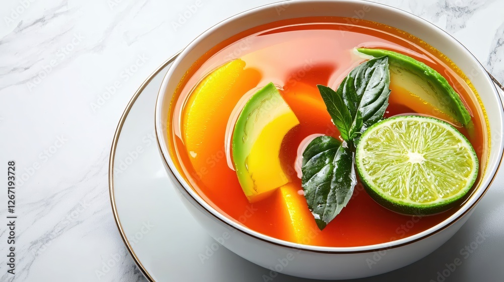 Vibrant tomato soup with avocado mango lime and basil in a white bowl on marble table Vibrant tomato soup with avocado mango lime and basil in a white bowl on marble table