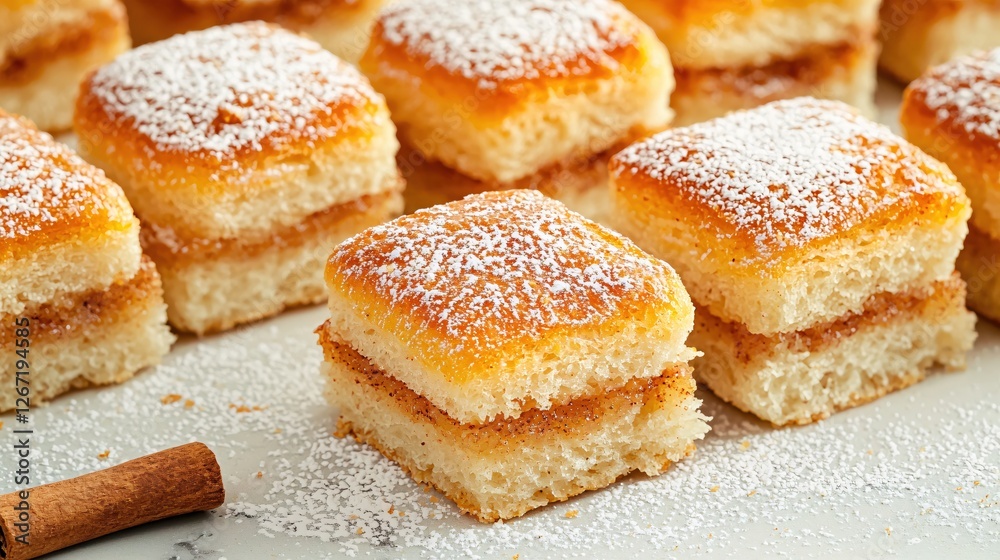 Delicious cinnamon squares with powdered sugar topping and cinnamon stick on white surface Delicious cinnamon squares with powdered sugar topping and cinnamon stick on white surface