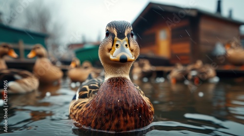 A charming portrait of a mallard duck amidst a rainy backdrop highlights the bird's character and the serene ambiance of its natural habitat during inclement weather.