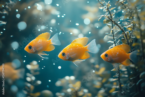 Golden Paradise, A Trio of Sparkling Fish in Underwater Serenity