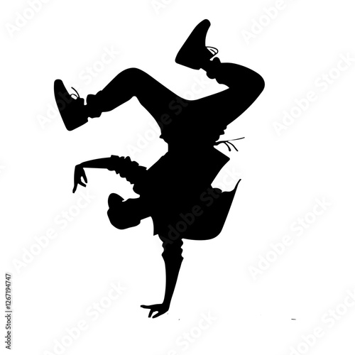 Vector illustration of a hip-hop dancer performing a breakdance move in silhouette