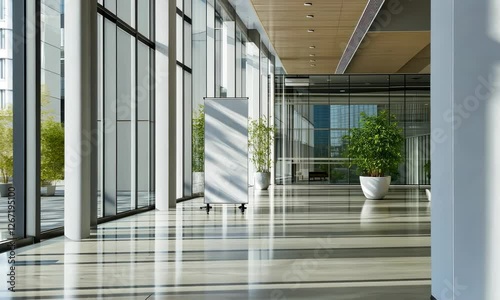 Pull up banner mockup stands in a stylish building hallway. Blank roll-up display for promotional or marketing content in a corporate interior.