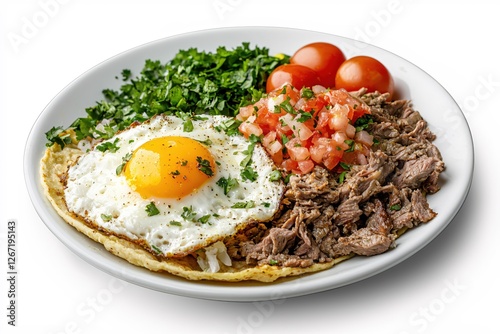 Delicious Huevos Rancheros with Salsa Verde and Grilled Steak on a White Plate Isolated