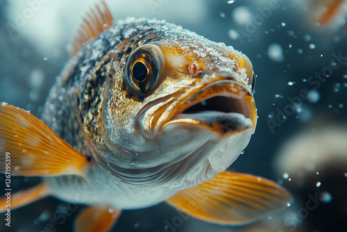Detailed portrait of a fish scales, swimming in bubbling deep water