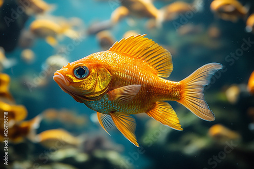 Golden Majesty, A Close-Up of a Graceful Goldfish in Tranquil Waters