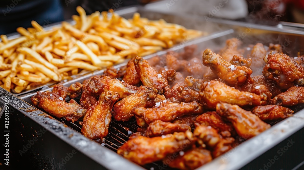 Fototapeta premium Crispy fries and golden chicken wings sizzle in a commercial deep fryer, filling the bustling kitchen with rich aromas.