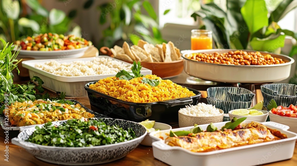 Fototapeta premium Abundant and Colorful Mexican Fiesta Buffet with Rice Beans and Savory Dishes on Wooden Table