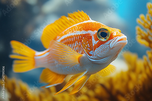 Golden Gaze, A Striking Close-Up of a Vibrant Reef Fish in Coral Realm