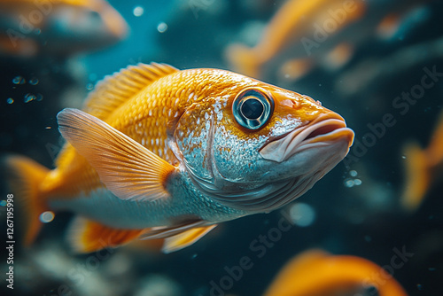 Golden Aquatic Majesty, A Vivid Underwater Close-Up of Fish Beauty