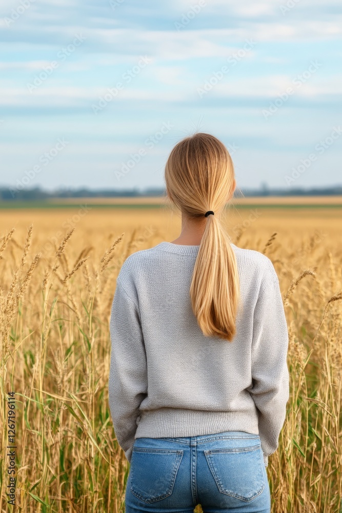 Woman standing in golden wheat field facing horizon peaceful rural scenery evoking solitude and mindfulness in nature background Woman standing in golden wheat field facing horizon peaceful rural scenery evoking solitude and mindfulness in nature background